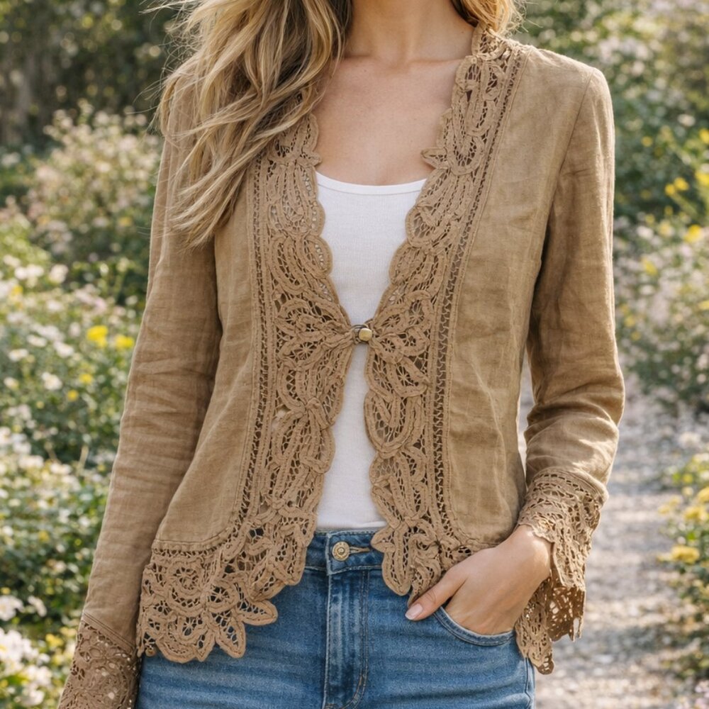 Newer TAIFUN COLLECTION Blended Linen Cardi Lace Trim Long Bolero Bohemian Chic